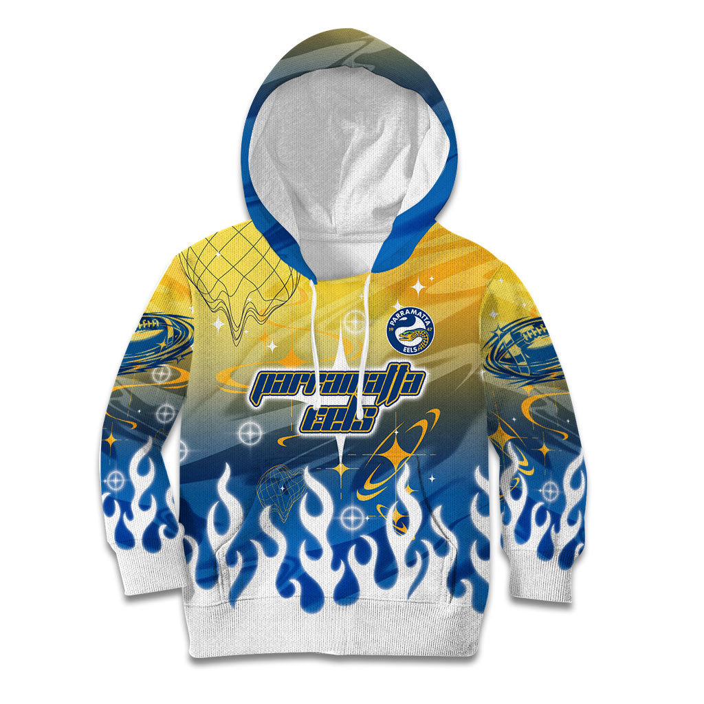Personalized Parramatta Eels Kid Hoodie Y2K Grunge Aesthetic With Cyber Flames and Starburst Graphics