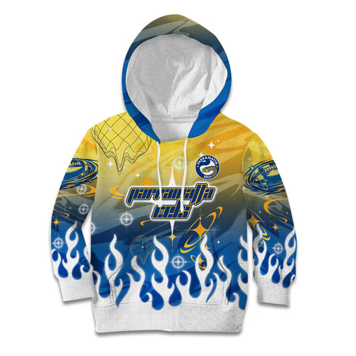 Personalized Parramatta Eels Kid Hoodie Y2K Grunge Aesthetic With Cyber Flames and Starburst Graphics