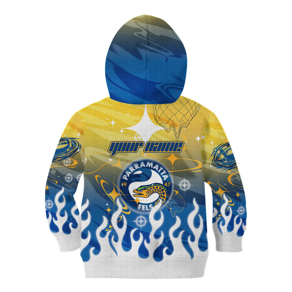 Personalized Parramatta Eels Kid Hoodie Y2K Grunge Aesthetic With Cyber Flames and Starburst Graphics
