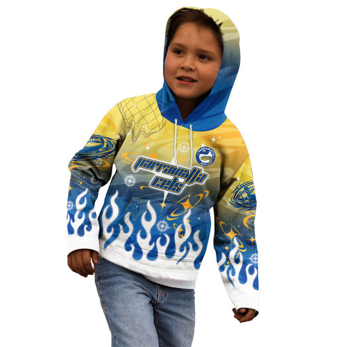 Personalized Parramatta Eels Kid Hoodie Y2K Grunge Aesthetic With Cyber Flames and Starburst Graphics