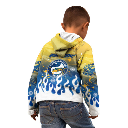 Personalized Parramatta Eels Kid Hoodie Y2K Grunge Aesthetic With Cyber Flames and Starburst Graphics