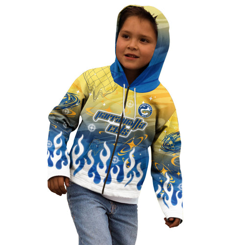 Personalized Parramatta Eels Kid Hoodie Y2K Grunge Aesthetic With Cyber Flames and Starburst Graphics