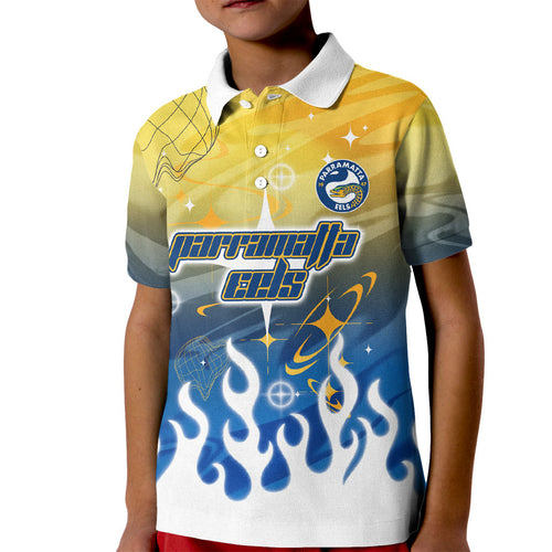 Personalized Parramatta Eels Kid Polo Shirt Y2K Grunge Aesthetic With Cyber Flames and Starburst Graphics