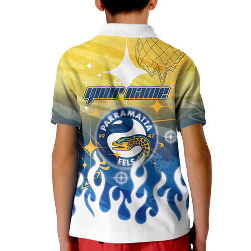Personalized Parramatta Eels Kid Polo Shirt Y2K Grunge Aesthetic With Cyber Flames and Starburst Graphics