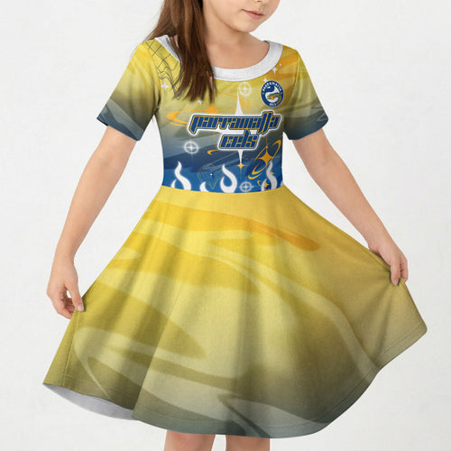 Personalized Parramatta Eels Kid Short Sleeve Dress Y2K Grunge Aesthetic With Cyber Flames and Starburst Graphics