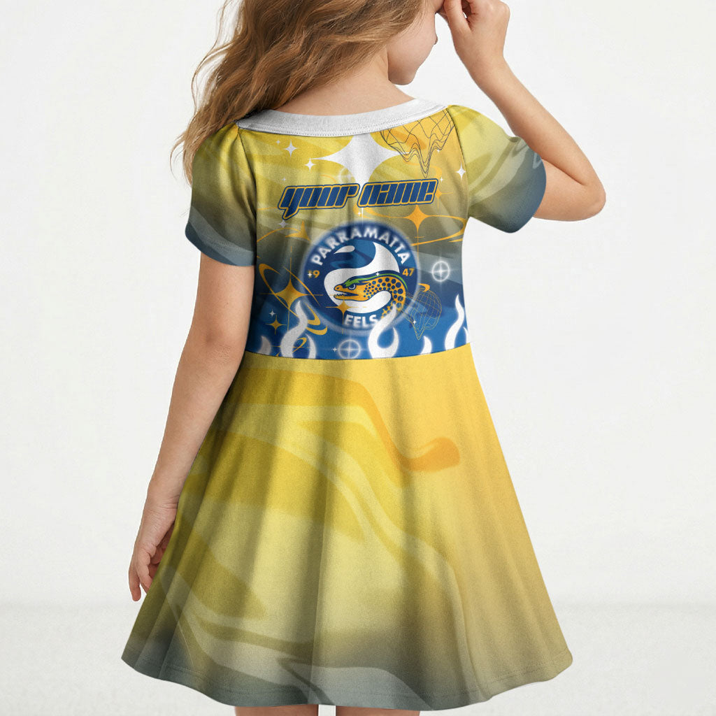 Personalized Parramatta Eels Kid Short Sleeve Dress Y2K Grunge Aesthetic With Cyber Flames and Starburst Graphics