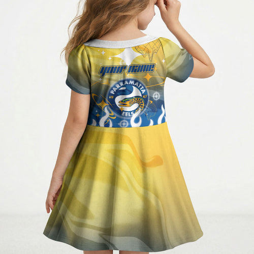 Personalized Parramatta Eels Kid Short Sleeve Dress Y2K Grunge Aesthetic With Cyber Flames and Starburst Graphics