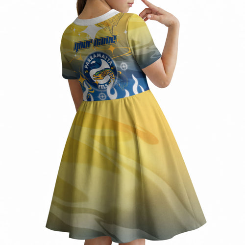 Personalized Parramatta Eels Kid Short Sleeve Dress Y2K Grunge Aesthetic With Cyber Flames and Starburst Graphics