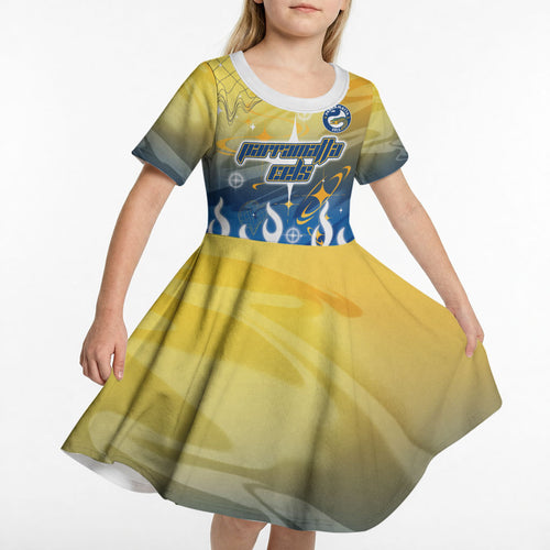 Personalized Parramatta Eels Kid Short Sleeve Dress Y2K Grunge Aesthetic With Cyber Flames and Starburst Graphics