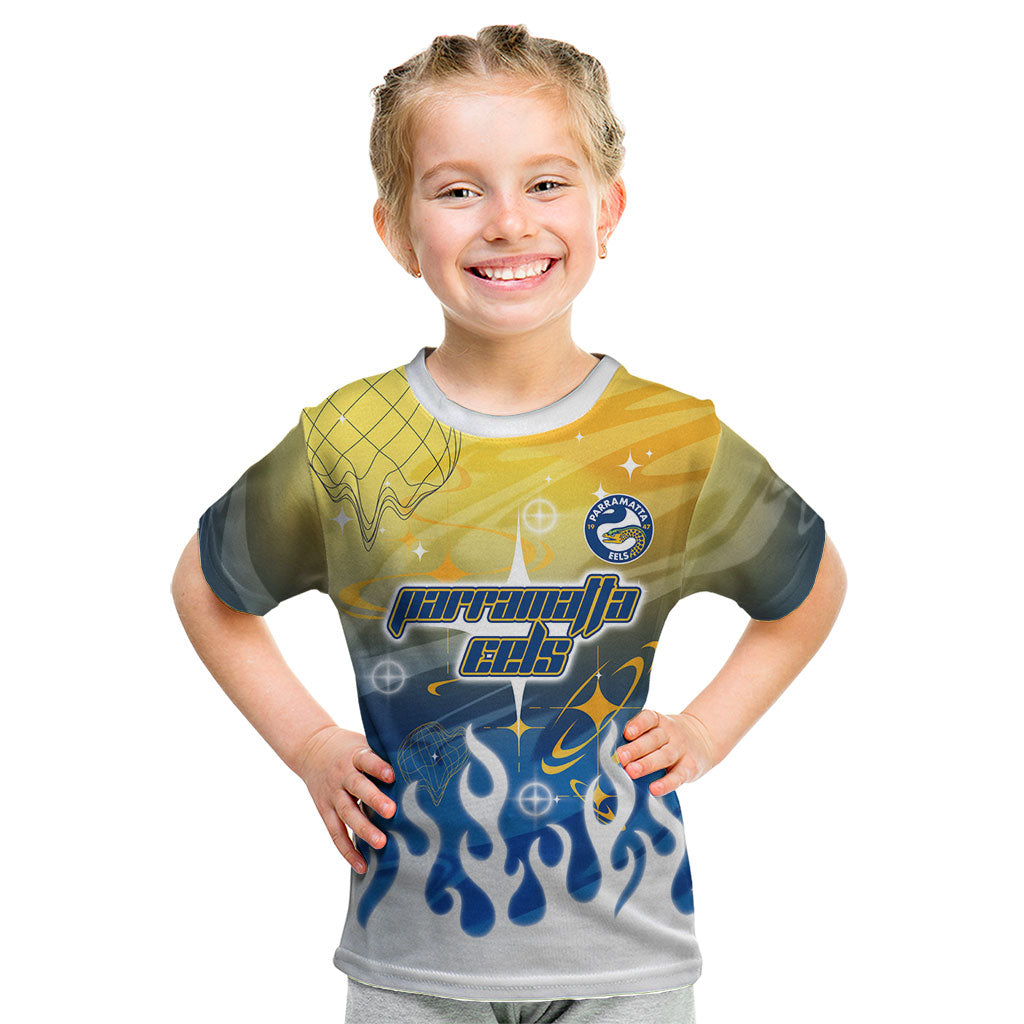 Personalized Parramatta Eels Kid T Shirt Y2K Grunge Aesthetic With Cyber Flames and Starburst Graphics