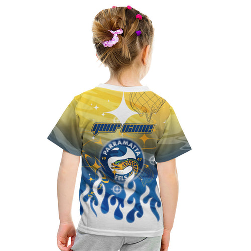 Personalized Parramatta Eels Kid T Shirt Y2K Grunge Aesthetic With Cyber Flames and Starburst Graphics