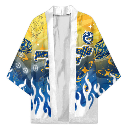Personalized Parramatta Eels Kimono Y2K Grunge Aesthetic With Cyber Flames and Starburst Graphics