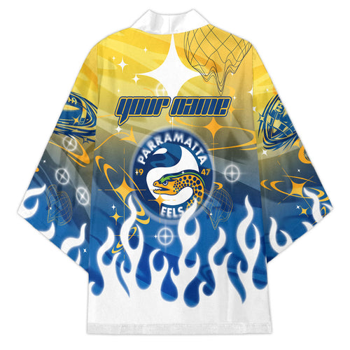 Personalized Parramatta Eels Kimono Y2K Grunge Aesthetic With Cyber Flames and Starburst Graphics