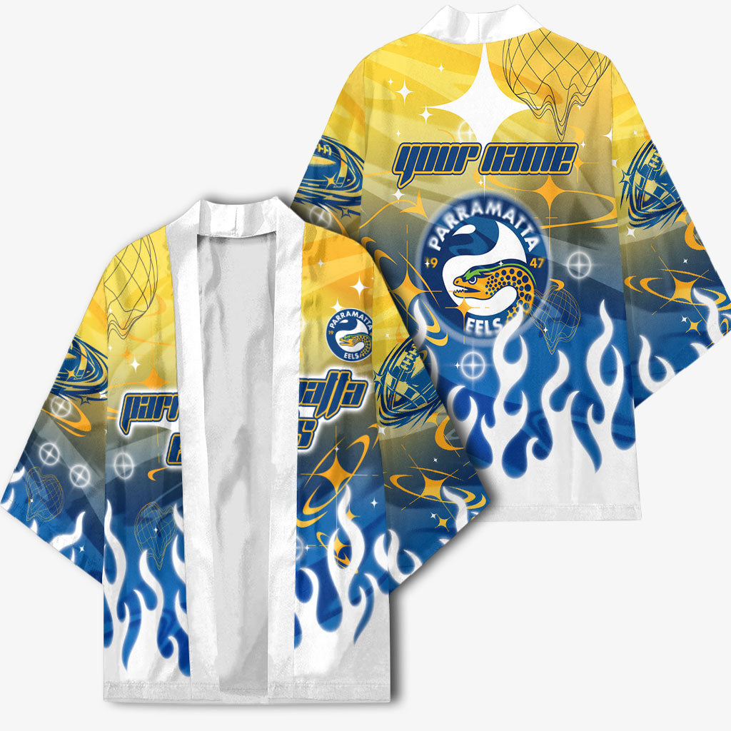 Personalized Parramatta Eels Kimono Y2K Grunge Aesthetic With Cyber Flames and Starburst Graphics
