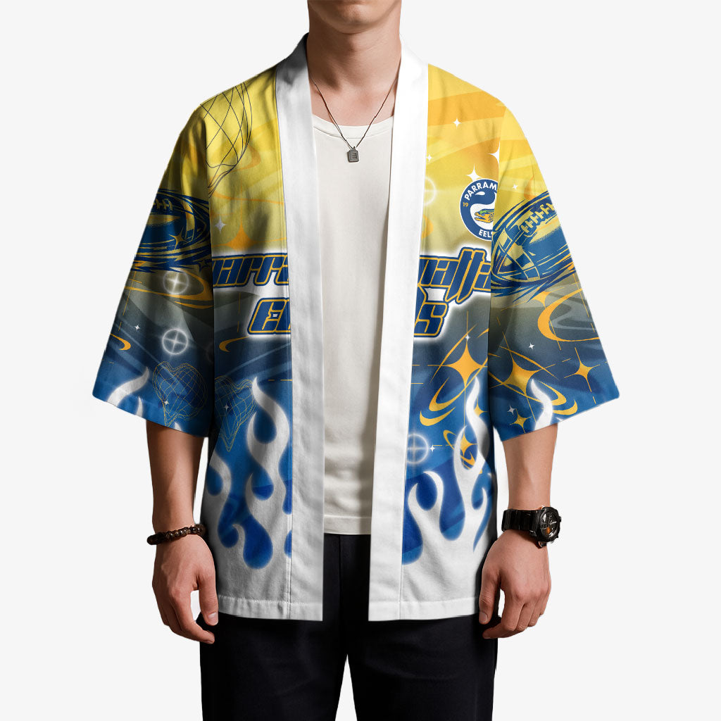 Personalized Parramatta Eels Kimono Y2K Grunge Aesthetic With Cyber Flames and Starburst Graphics