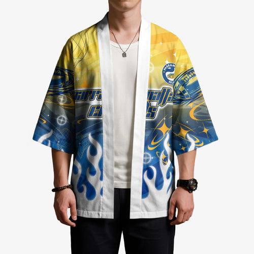 Personalized Parramatta Eels Kimono Y2K Grunge Aesthetic With Cyber Flames and Starburst Graphics