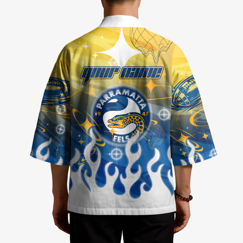 Personalized Parramatta Eels Kimono Y2K Grunge Aesthetic With Cyber Flames and Starburst Graphics