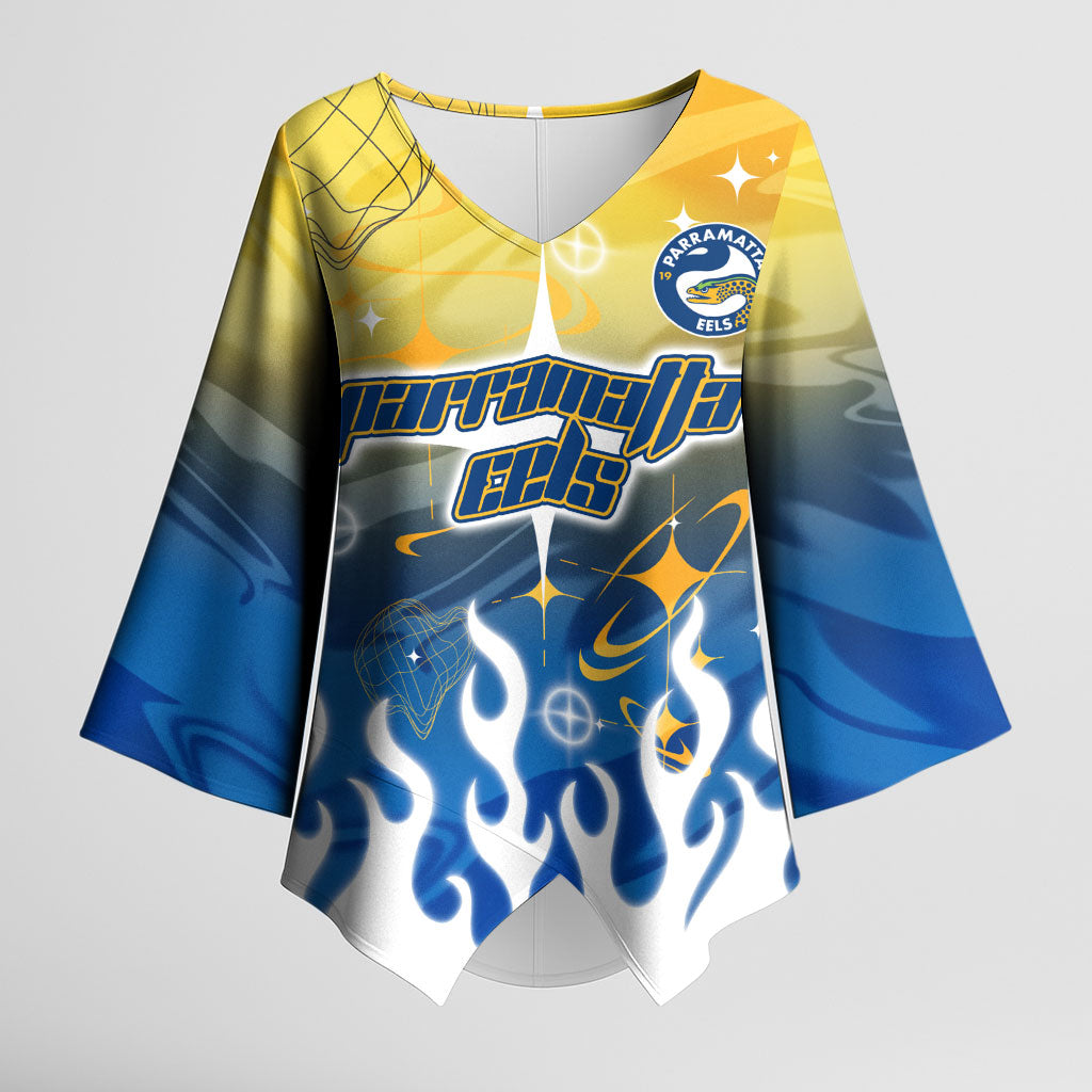 Personalized Parramatta Eels Kimono Sleeve Blouse Y2K Grunge Aesthetic With Cyber Flames and Starburst Graphics