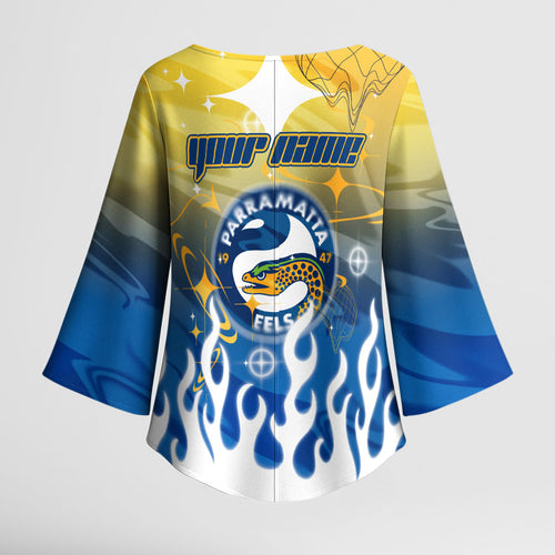 Personalized Parramatta Eels Kimono Sleeve Blouse Y2K Grunge Aesthetic With Cyber Flames and Starburst Graphics