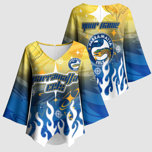Personalized Parramatta Eels Kimono Sleeve Blouse Y2K Grunge Aesthetic With Cyber Flames and Starburst Graphics
