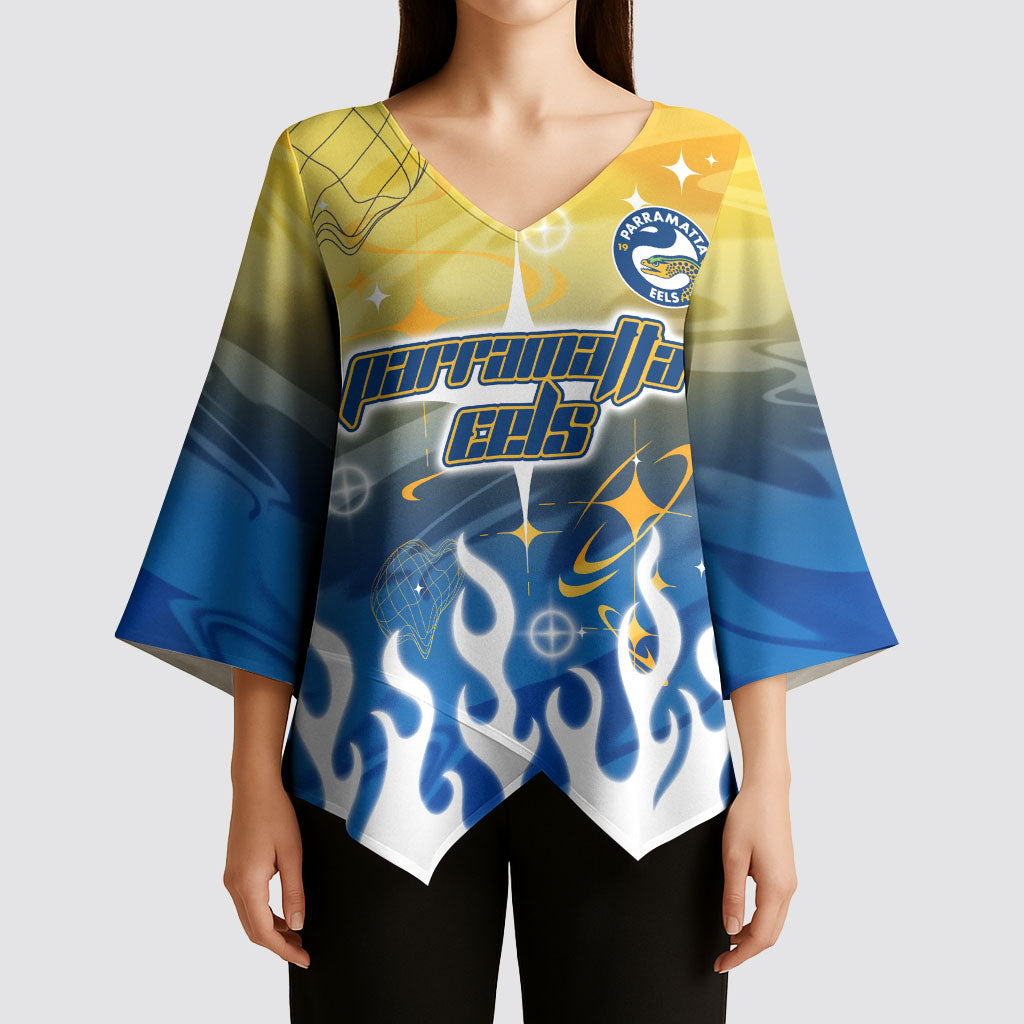 Personalized Parramatta Eels Kimono Sleeve Blouse Y2K Grunge Aesthetic With Cyber Flames and Starburst Graphics