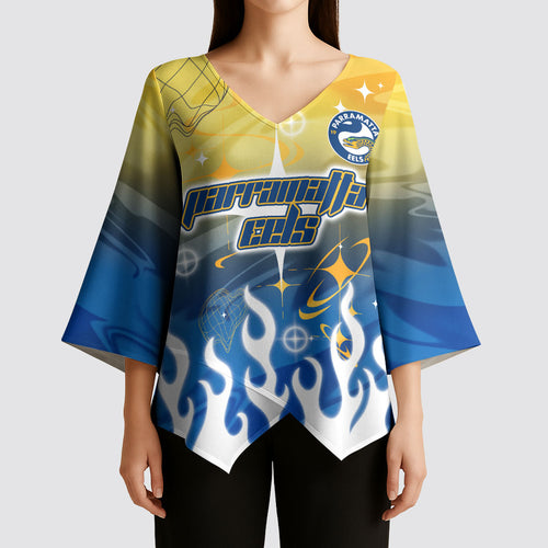 Personalized Parramatta Eels Kimono Sleeve Blouse Y2K Grunge Aesthetic With Cyber Flames and Starburst Graphics