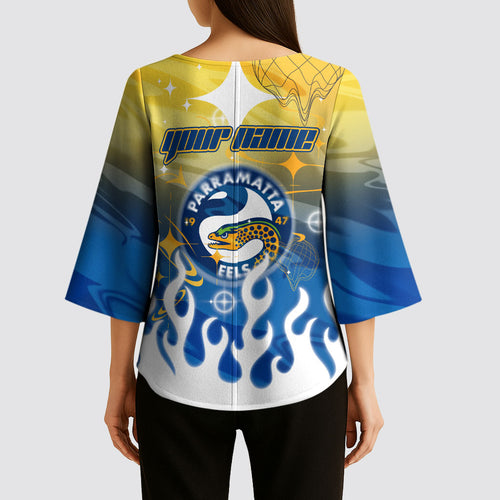 Personalized Parramatta Eels Kimono Sleeve Blouse Y2K Grunge Aesthetic With Cyber Flames and Starburst Graphics