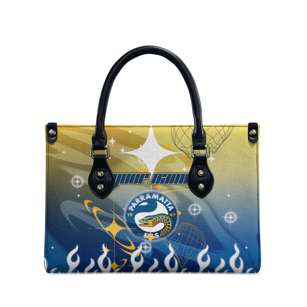 Personalized Parramatta Eels Leather Bag Y2K Grunge Aesthetic With Cyber Flames and Starburst Graphics
