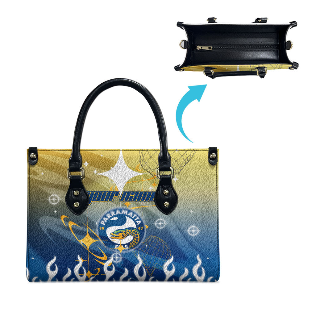 Personalized Parramatta Eels Leather Bag Y2K Grunge Aesthetic With Cyber Flames and Starburst Graphics