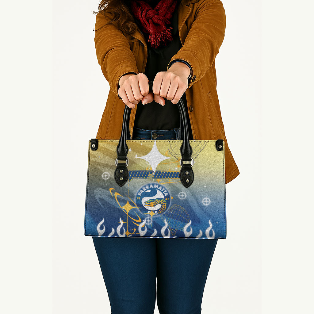 Personalized Parramatta Eels Leather Bag Y2K Grunge Aesthetic With Cyber Flames and Starburst Graphics