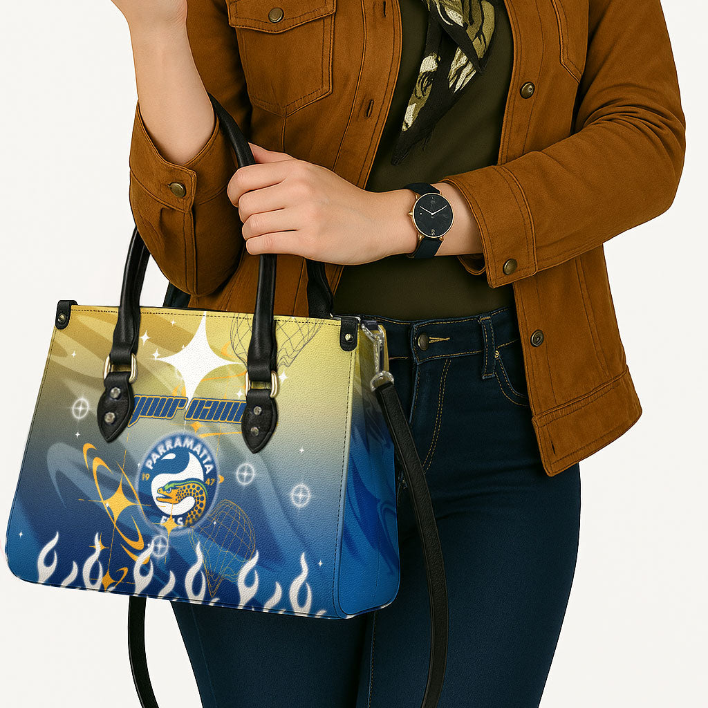 Personalized Parramatta Eels Leather Bag Y2K Grunge Aesthetic With Cyber Flames and Starburst Graphics