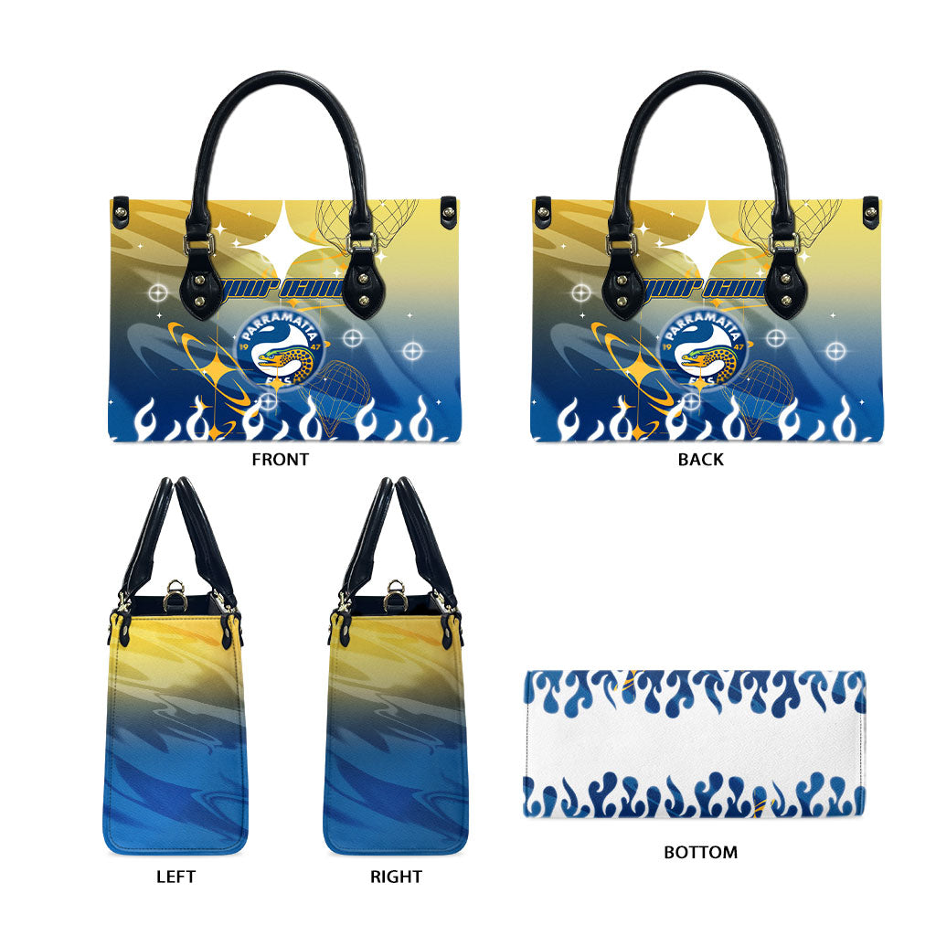 Personalized Parramatta Eels Leather Bag Y2K Grunge Aesthetic With Cyber Flames and Starburst Graphics