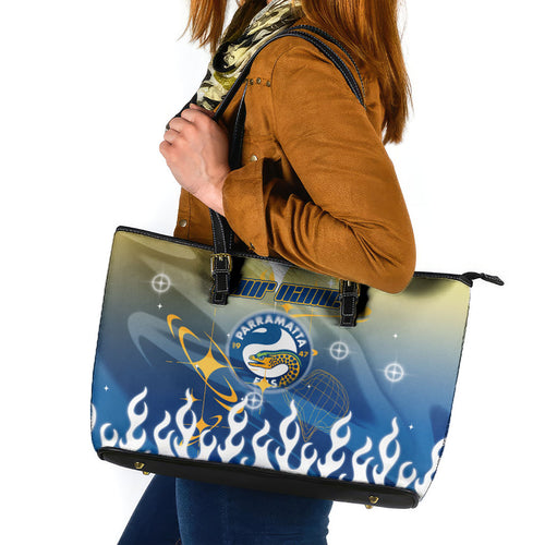 Personalized Parramatta Eels Leather Tote Bag Y2K Grunge Aesthetic With Cyber Flames and Starburst Graphics