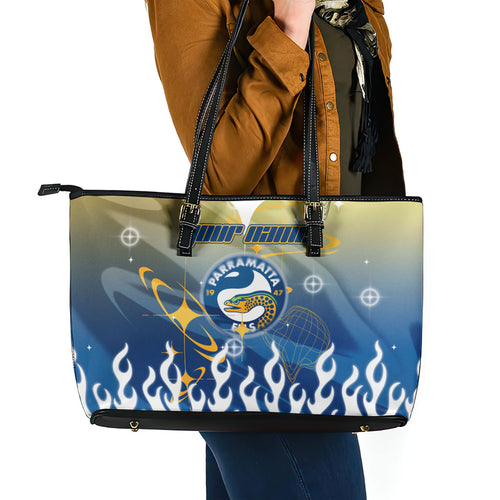 Personalized Parramatta Eels Leather Tote Bag Y2K Grunge Aesthetic With Cyber Flames and Starburst Graphics