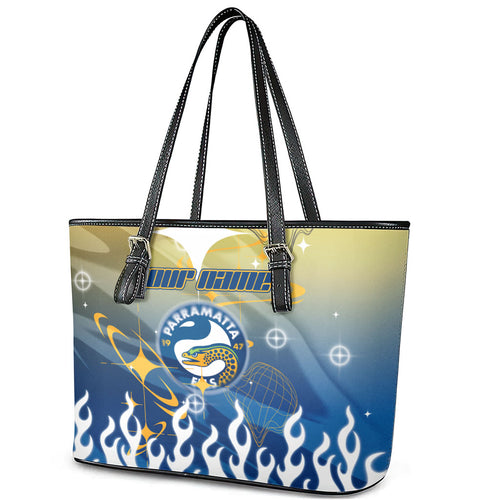 Personalized Parramatta Eels Leather Tote Bag Y2K Grunge Aesthetic With Cyber Flames and Starburst Graphics