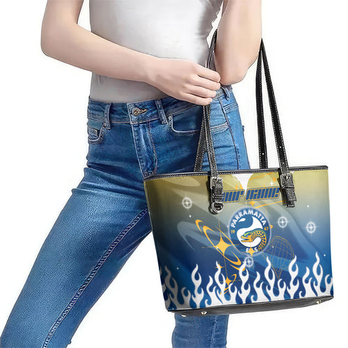 Personalized Parramatta Eels Leather Tote Bag Y2K Grunge Aesthetic With Cyber Flames and Starburst Graphics