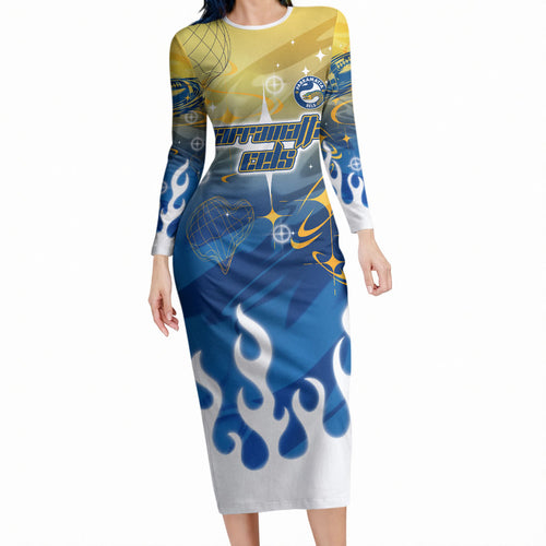 Personalized Parramatta Eels Long Sleeve Bodycon Dress Y2K Grunge Aesthetic With Cyber Flames and Starburst Graphics