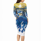 Personalized Parramatta Eels Long Sleeve Bodycon Dress Y2K Grunge Aesthetic With Cyber Flames and Starburst Graphics