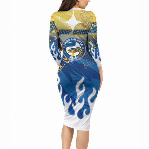 Personalized Parramatta Eels Long Sleeve Bodycon Dress Y2K Grunge Aesthetic With Cyber Flames and Starburst Graphics