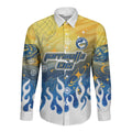 Personalized Parramatta Eels Long Sleeve Button Shirt Y2K Grunge Aesthetic With Cyber Flames and Starburst Graphics