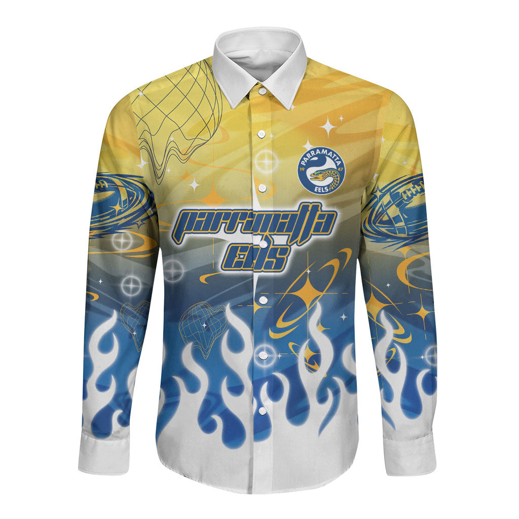 Personalized Parramatta Eels Long Sleeve Button Shirt Y2K Grunge Aesthetic With Cyber Flames and Starburst Graphics