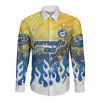 Personalized Parramatta Eels Long Sleeve Button Shirt Y2K Grunge Aesthetic With Cyber Flames and Starburst Graphics