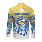 Personalized Parramatta Eels Long Sleeve Button Shirt Y2K Grunge Aesthetic With Cyber Flames and Starburst Graphics