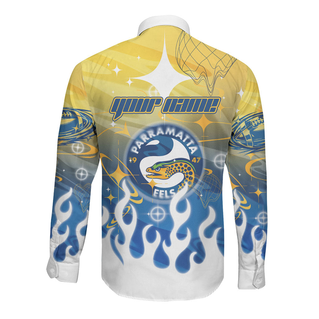 Personalized Parramatta Eels Long Sleeve Button Shirt Y2K Grunge Aesthetic With Cyber Flames and Starburst Graphics
