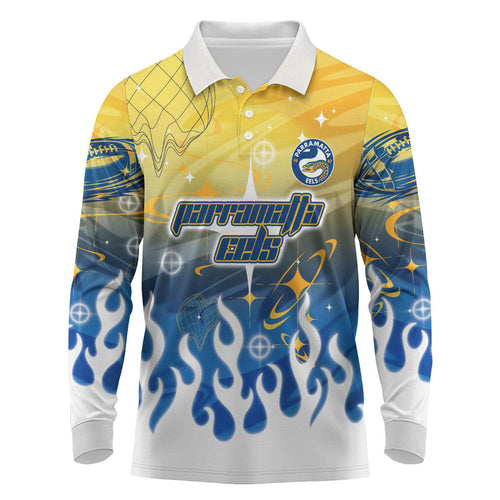 Personalized Parramatta Eels Long Sleeve Polo Shirt Y2K Grunge Aesthetic With Cyber Flames and Starburst Graphics
