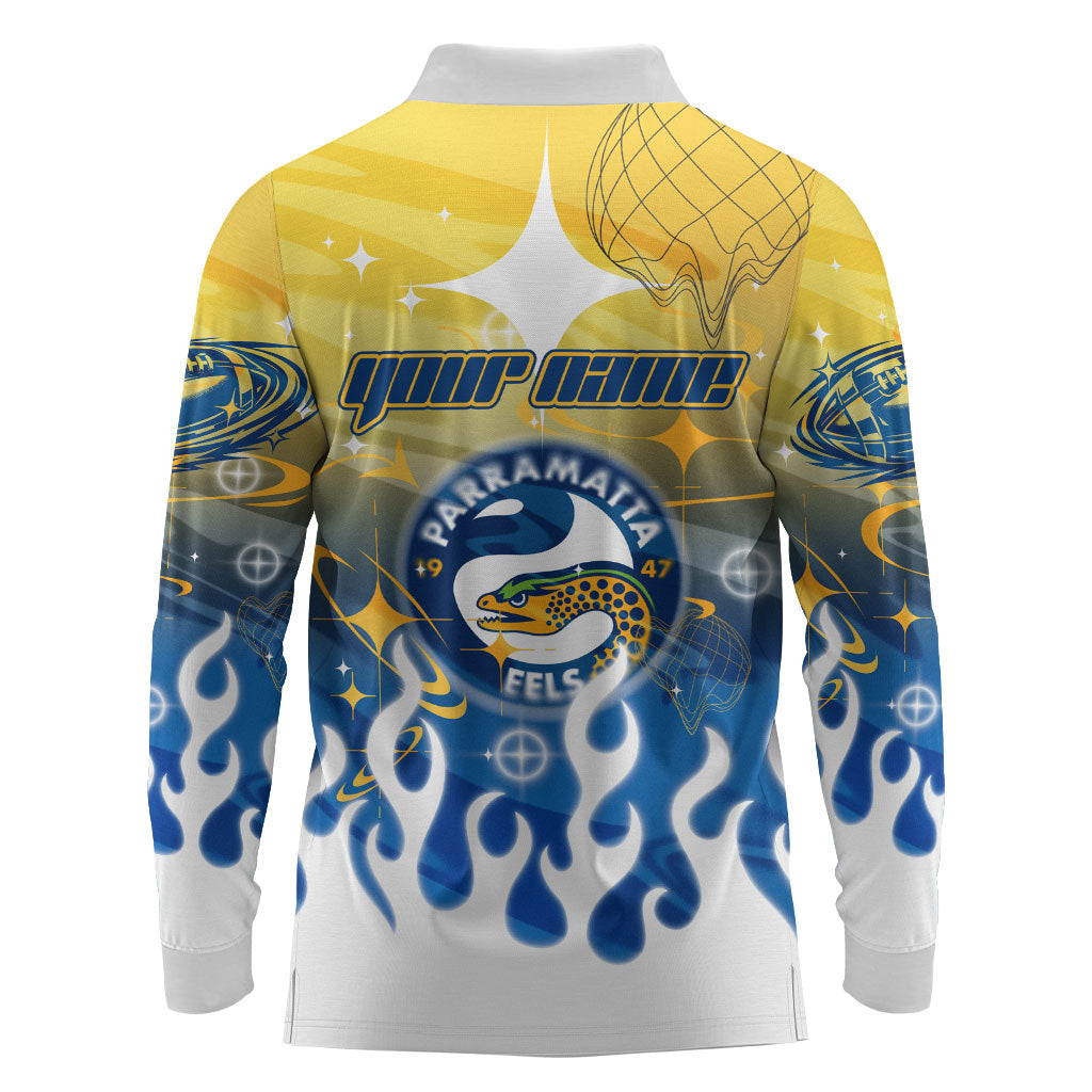 Personalized Parramatta Eels Long Sleeve Polo Shirt Y2K Grunge Aesthetic With Cyber Flames and Starburst Graphics