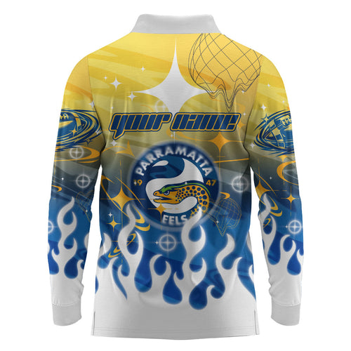 Personalized Parramatta Eels Long Sleeve Polo Shirt Y2K Grunge Aesthetic With Cyber Flames and Starburst Graphics