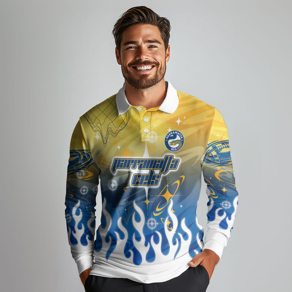 Personalized Parramatta Eels Long Sleeve Polo Shirt Y2K Grunge Aesthetic With Cyber Flames and Starburst Graphics