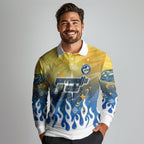 Personalized Parramatta Eels Long Sleeve Polo Shirt Y2K Grunge Aesthetic With Cyber Flames and Starburst Graphics
