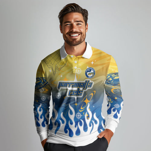 Personalized Parramatta Eels Long Sleeve Polo Shirt Y2K Grunge Aesthetic With Cyber Flames and Starburst Graphics